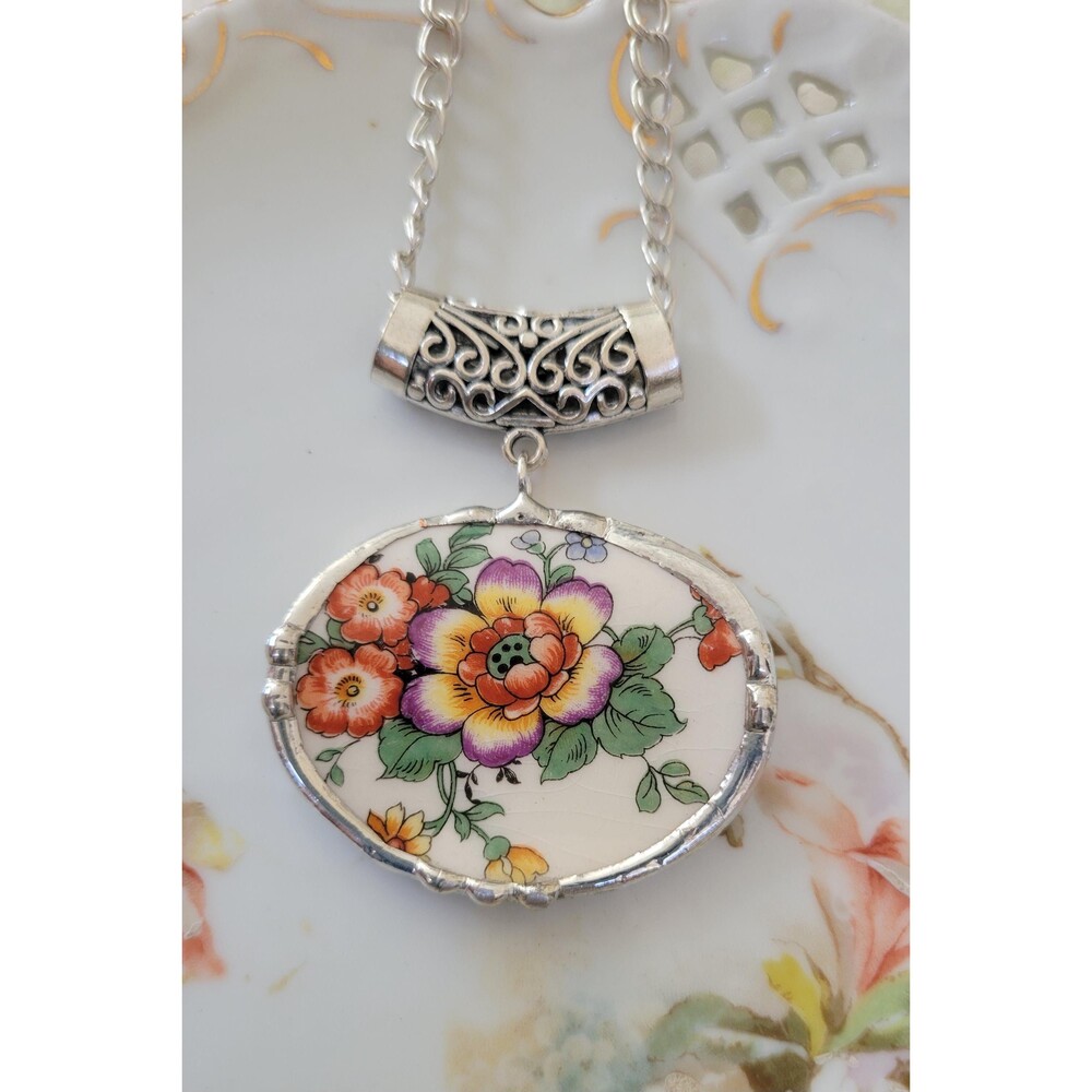Broken China Pendant Necklace, Delring USA Upcycled Floral, Hand Soldered